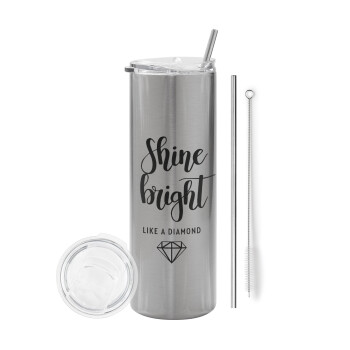 Bright, Shine like a Diamond, Eco friendly stainless steel Silver tumbler 600ml, with metal straw & cleaning brush