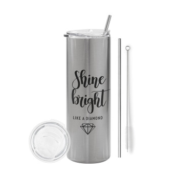 Bright, Shine like a Diamond, Tumbler stainless steel Silver 600ml, with metal straw & cleaning brush