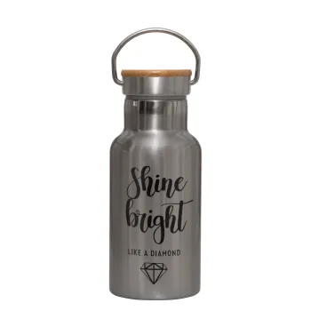 Bright, Shine like a Diamond, Stainless steel metallic thermos flask, silver with a bamboo lid, double-walled, 350ml.