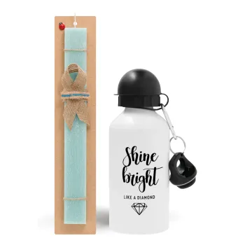 Bright, Shine like a Diamond, Easter Set, metallic aluminum water bottle (500ml) & scented flat candle (30cm) (TURQUOISE)