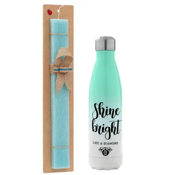 Bright, Shine like a Diamond, Easter Set, Metallic green/white thermos (Stainless steel), double-walled, 500ml & scented flat Easter candle (30cm) (TURQUOISE)