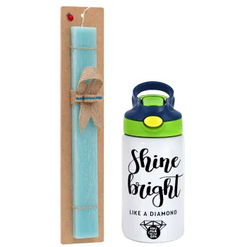 Bright, Shine like a Diamond, Easter Set, Children's thermal stainless steel bottle with safety straw, green/blue (350ml) & aromatic flat Easter candle (30cm) (TURQUOISE)