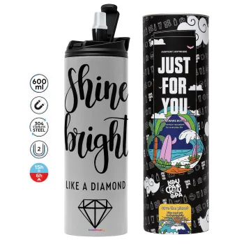 Bright, Shine like a Diamond, Tumbler ποτήρι θερμό ΓΚΡΙ από ανοξείδωτο ατσάλι 600ml