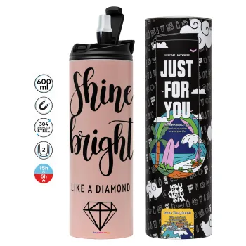 Bright, Shine like a Diamond, Tumbler ποτήρι θερμό ΡΟΖ από ανοξείδωτο ατσάλι 600ml