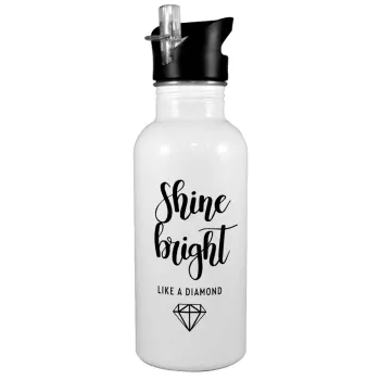 Bright, Shine like a Diamond, White water bottle with straw, stainless steel 600ml