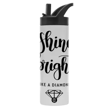 Bright, Shine like a Diamond, Μεταλλικό παγούρι θερμός με καλαμάκι & χειρολαβή, ανοξείδωτο ατσάλι (Stainless steel 304), διπλού τοιχώματος, 600ml