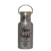 Stainless steel metallic thermos flask, silver with a bamboo lid, double-walled, 350ml.