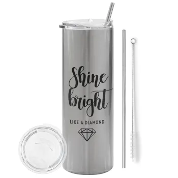 Bright, Shine like a Diamond, Tumbler stainless steel Silver 600ml, with metal straw & cleaning brush