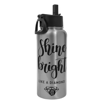 Bright, Shine like a Diamond, Metal mug thermo Silver with Straw and Spout Lid (Stainless steel), double wall, 950ml