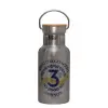 Stainless steel metallic thermos flask, silver with a bamboo lid, double-walled, 350ml.