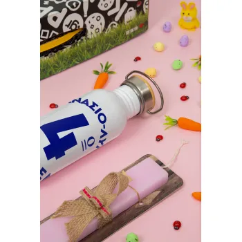 Έμβλημα Σχολικό μπλε κλασικό, Πασχαλινή Λαμπάδα με παγούρι μεταλλικό (620ml, stainless steel) & κερί αρωματικό πλακέ (30cm) (ΡΟΖ)