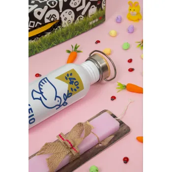 Έμβλημα Σχολικό μπλε/χρυσό περιστέρι, Πασχαλινή Λαμπάδα με παγούρι μεταλλικό (620ml, stainless steel) & κερί αρωματικό πλακέ (30cm) (ΡΟΖ)