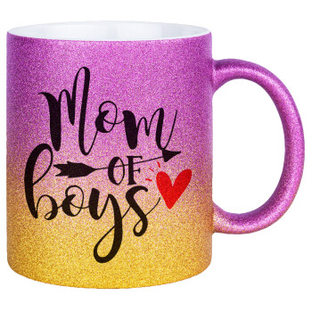 Mom of boys, Κούπα Χρυσή/Ροζ Glitter, κεραμική, 330ml