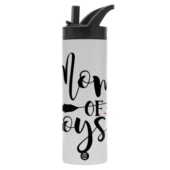 Mom of boys, Metallic thermos bottle with straw & handle, stainless steel (Stainless steel 304), double-walled, 600ml.