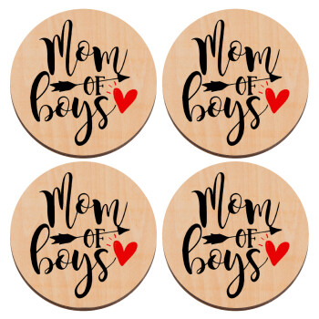 Mom of boys, ΣΕΤ x4 Σουβέρ ξύλινα στρογγυλά plywood (9cm)