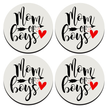 Mom of boys, ΣΕΤ 4 Σουβέρ ξύλινα στρογγυλά (9cm)