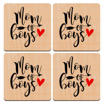Mom of boys, ΣΕΤ x4 Σουβέρ ξύλινα τετράγωνα plywood (9cm)