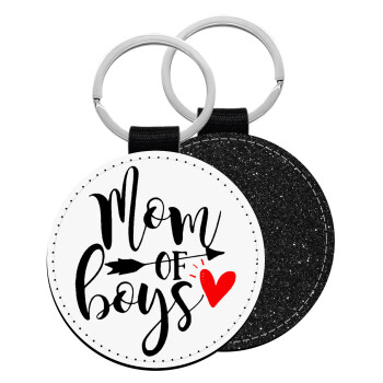 Mom of boys, Μπρελόκ Δερματίνη, στρογγυλό ΜΑΥΡΟ (5cm)