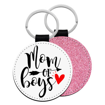 Mom of boys, Μπρελόκ Δερματίνη, στρογγυλό ΡΟΖ (5cm)