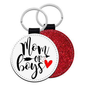 Mom of boys, Μπρελόκ Δερματίνη, στρογγυλό ΚΟΚΚΙΝΟ (5cm)