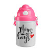 Mom of boys, Ροζ παιδικό παγούρι πλαστικό (BPA-FREE) με καπάκι ασφαλείας, κορδόνι και καλαμάκι, 400ml