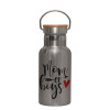 Stainless steel metallic thermos flask, silver with a bamboo lid, double-walled, 350ml.