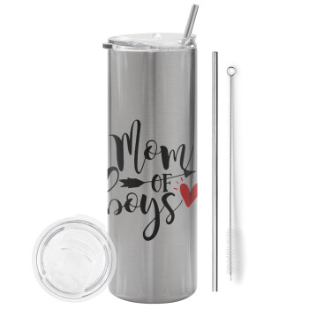Mom of boys, Tumbler stainless steel Silver 600ml, with metal straw & cleaning brush