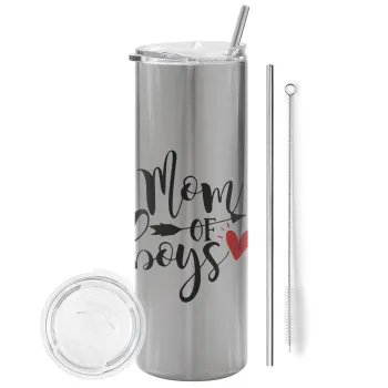 Mom of boys, Tumbler stainless steel Silver 600ml, with metal straw & cleaning brush