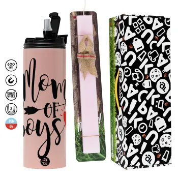 Mom of boys, Πασχαλινή Λαμπάδα με  ΡΟΖ Travel Tumbler θερμό (600ml, BPA free) & κερί αρωματικό πλακέ (30cm) (ΡΟΖ)