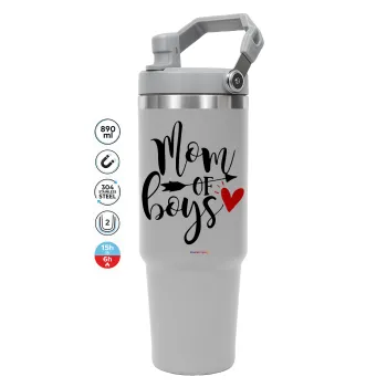 Mom of boys, ΓΚΡΙ Travel Tumbler Θερμός με χερούλι και καλαμάκι 890ml