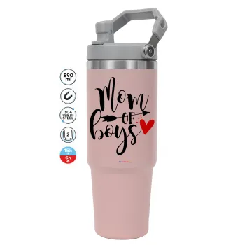Mom of boys, ΡΟΖ Travel Tumbler Θερμός με χερούλι και καλαμάκι 890ml