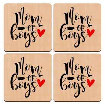 Mom of boys, ΣΕΤ x4 Σουβέρ ξύλινα τετράγωνα plywood (9cm)