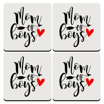 Mom of boys, ΣΕΤ 4 Σουβέρ ξύλινα τετράγωνα (9cm)