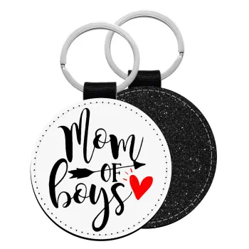 Mom of boys, Μπρελόκ Δερματίνη, στρογγυλό ΜΑΥΡΟ (5cm)
