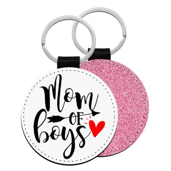 Mom of boys, Μπρελόκ Δερματίνη, στρογγυλό ΡΟΖ (5cm)