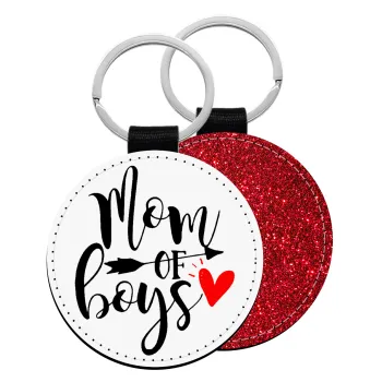 Mom of boys, Μπρελόκ Δερματίνη, στρογγυλό ΚΟΚΚΙΝΟ (5cm)