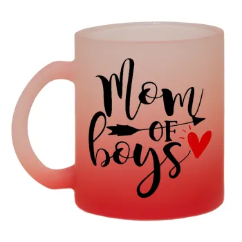 Mom of boys, Κούπα γυάλινη δίχρωμη με βάση το κόκκινο ματ, 330ml