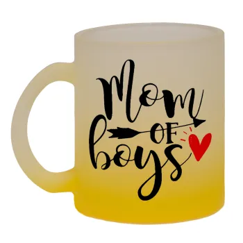 Mom of boys, Κούπα γυάλινη δίχρωμη με βάση το κίτρινο ματ, 330ml