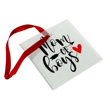 Mom of boys, Στολίδι Χριστουγεννιάτικο στολίδι γυάλινο τετράγωνο 9x9cm