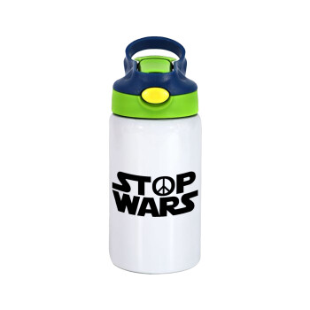 STOP WARS, Children's hot water bottle, stainless steel, with safety straw, green, blue (350ml)