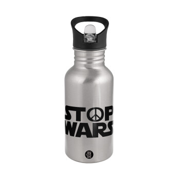 STOP WARS, Water bottle Silver with straw, stainless steel 500ml