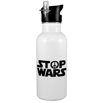 STOP WARS, White water bottle with straw, stainless steel 600ml