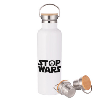 STOP WARS, Stainless steel White with wooden lid (bamboo), double wall, 750ml