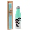 Easter Set, Metallic green/white thermos (Stainless steel), double-walled, 500ml & scented flat Easter candle (30cm) (TURQUOISE)