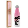 Easter Set, Metallic pink/white (Stainless steel) thermos, double-walled, 500ml & aromatic flat Easter candle (30cm) (PINK)
