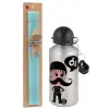 Easter Set, metallic silver aluminum water bottle (500ml) & scented flat Easter candle (30cm) (TURQUOISE)