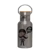 Stainless steel metallic thermos flask, silver with a bamboo lid, double-walled, 350ml.
