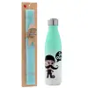 Easter Set, Metallic green/white thermos (Stainless steel), double-walled, 500ml & scented flat Easter candle (30cm) (TURQUOISE)
