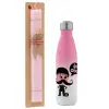 Easter Set, Metallic pink/white (Stainless steel) thermos, double-walled, 500ml & aromatic flat Easter candle (30cm) (PINK)