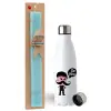 Easter Set, metallic stainless steel water bottle (750ml) & aromatic flat Easter candle (30cm) (TURQUOISE)